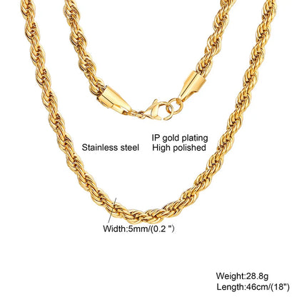 Halsband för Män – Rostfritt Stål Minimalistisk Twist Repkedja, Guld eller Silver, 2-5mm