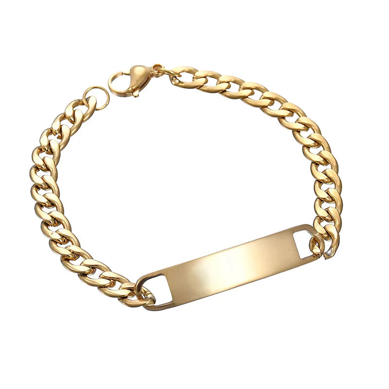 Guld Färgad Armband Stål, Tjock Hand Chain och Blank Bar, Smycke för Män och Kvinnor