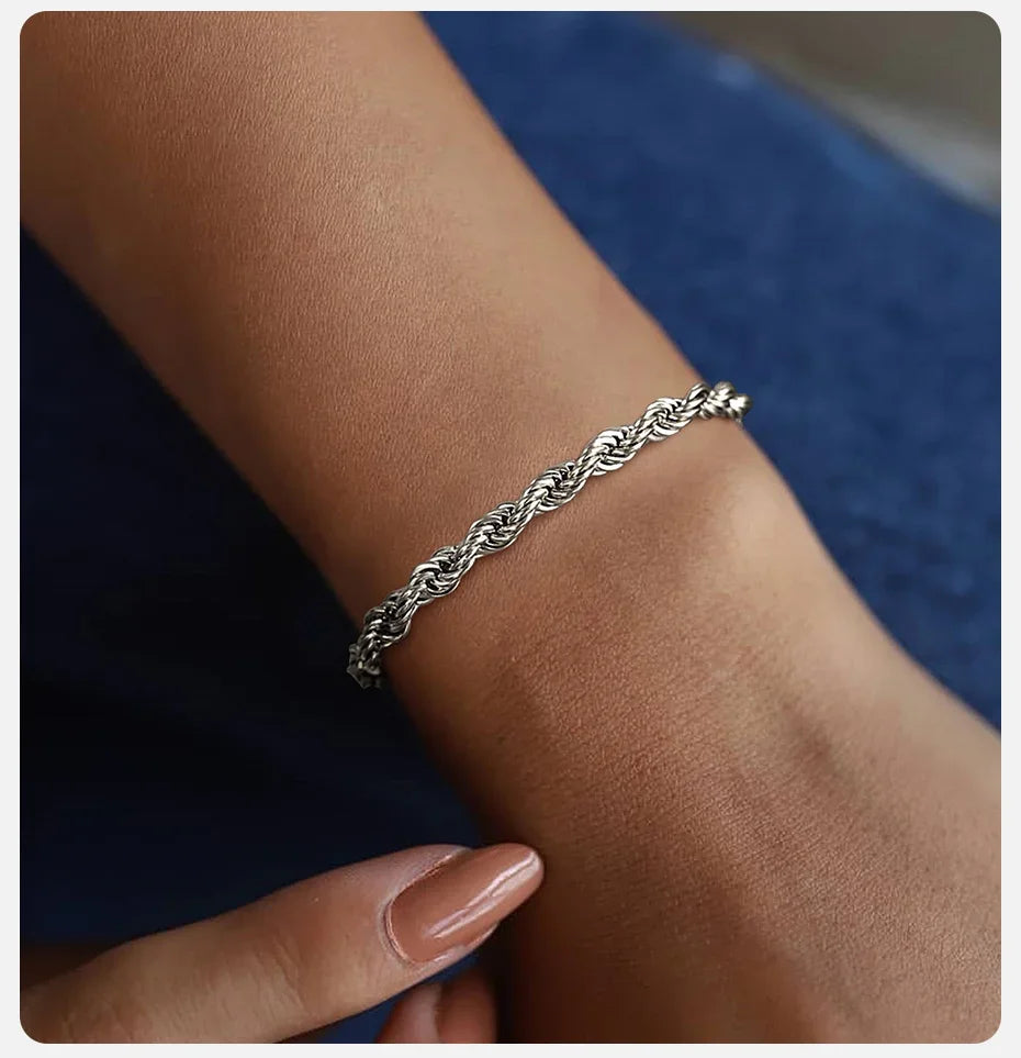 925 Sterling Silver Repkedja Armband, Klassisk Twist Länk Smycke för Män och Kvinnor