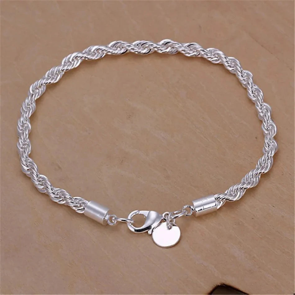 925 Sterling Silver Repkedja Armband, Klassisk Twist Länk Smycke för Män och Kvinnor