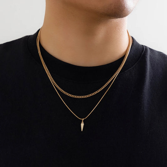 2-pack Halsband – Rostfritt Stål Rivet Pendant, Tunn Snake Chain och Cuban Link Choker för Män, Punkstil